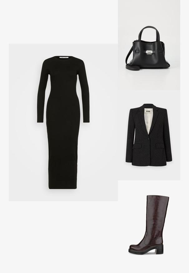 Schwarzer Nadelstreifen-Blazer mit einer Knopfverschluss, Reverskragen, zwei vorderen Taschen und einem glatten Innenfutter.; Schwarzes langärmeliges Jerseykleid mit Rundhalsausschnitt, tailliertem Schnitt und knöchellanger Länge. Glatte Textur, ohne Muster oder Verzierungen.; Braune kniehohe Stiefel mit einem eleganten Design, auffälligem Absatz und glatter Lederoberfläche, dargestellt vor einem weißen Hintergrund.; Schwarze Ledertasche mit strukturiertem Finish, ausgestattet mit zwei oberen Griffen, einem abnehmbaren Schultergurt und einem silbernen Verschlussdetail.