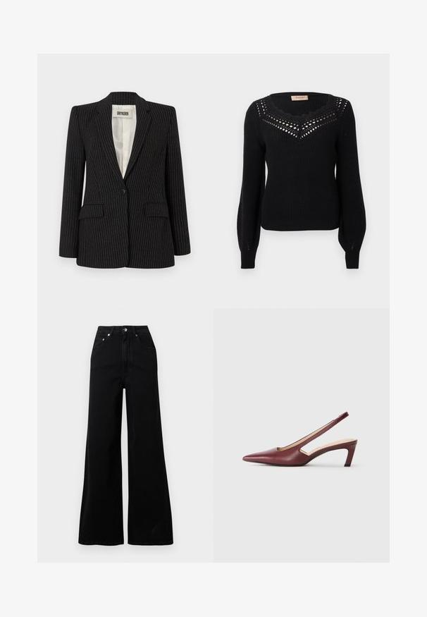 Black pinstripe blazer with a single button closure, notch lapels, dual front pockets, and a smooth interior lining.; Black sweater with a ribbed texture, scalloped neckline, and openwork detail at the chest. Long sleeves and fitted waist.; Black wide-leg jeans made from denim, featuring a high waist, five pockets, front button closure, and minimal stitching details.; Burgundy slingback heels with a pointed toe, cutout details on the side, and a mid-height block heel. Smooth leather finish.