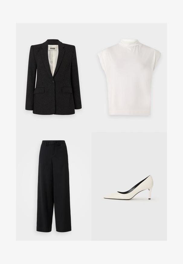 Mustrilineeline mustarõivaga ühes nööbiga sulgumine, lõhikute lapelid, kahekohalised esikotid ja sujuv sisekuue.; Valge ilma varrukateta kõrge kaelusega top, mis on valmistatud pehmest kangast, struktureeritud disainiga, sileda tekstuuri ja peene ribade ääristusega.; Mustad laiad püksid siledast kangast, millel on sirge esiosa, volditud detailid ja vööloopidega vöökoht.; Valge patendi nahast kõrge kontsaga pump terava varbaga, peene kontsaga ja musta sisekujundusega. Silumine tekstuur ja stiilne disain.