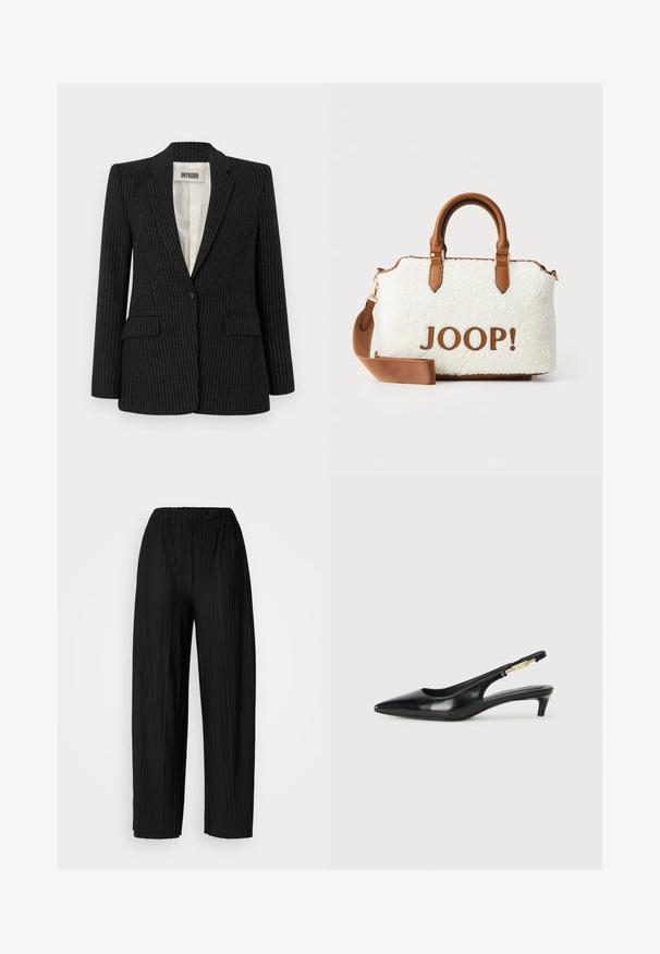 Blazer negro de rayas con un cierre de un solo botón, solapas de muesca, dos bolsillos frontales y un forro interior suave.; Camiseta de algodón negra con cuello redondo, mangas cortas y un logo bordado en el pecho. Ajuste simple y relajado sin patrones.; Pantalones anchos de pierna amplia, de color negro, con una cintura elástica. La tela presenta pliegues verticales y una textura suave.; Tacones negros de piel sintética tipo slingback con punta afilada, que cuentan con un tacón delgado y un detalle en tono dorado en la correa ajustable. Textura suave.; Bolso de peluche blanco con detalles y asas de cuero marrón. Presenta un logo "JOOP!" en marrón. Incluye una correa de hombro desmontable.