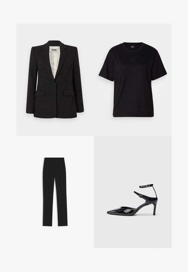 Schwarzer Nadelstreifen-Blazer mit einer Knopfverschluss, Reverskragen, zwei vorderen Taschen und einem glatten Innenfutter.; Schwarzes Baumwoll-T-Shirt mit Rundhalsausschnitt, kurzen Ärmeln und aufgesticktem Logo auf der Brust. Einfacher, lässiger Schnitt ohne Muster.; Schwarze maßgeschneiderte Hose mit geradem Bein, ausgestattet mit Fronttaschen und einem glatten, strukturierten Stoff. Saubere, minimale Details.; Schwarze Lacklederabsätze mit spitzer Zehenpartie, verstellbaren Knöchelriemen und einem schlanken Absatz. Glatte Textur mit glänzender Oberfläche.