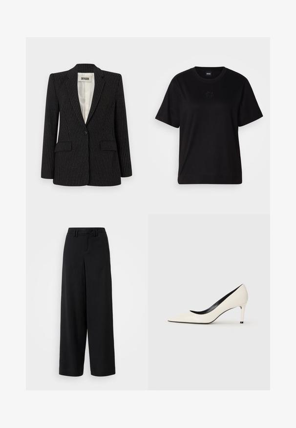 Schwarzer Nadelstreifen-Blazer mit einer Knopfverschluss, Reverskragen, zwei vorderen Taschen und einem glatten Innenfutter.; Schwarzes Baumwoll-T-Shirt mit Rundhalsausschnitt, kurzen Ärmeln und aufgesticktem Logo auf der Brust. Einfacher, lässiger Schnitt ohne Muster.; Schwarze weite Hosen aus glattem Stoff, mit einem flachen Frontdesign, gefältelten Details und Gürtelschlaufen am Bündchen.; Weiße Lackleder-Pump mit hohen Absätzen, spitzem Zehenbereich, schlankem Absatz und schwarzer Innenausstattung. Glatte Textur und elegantes Design.