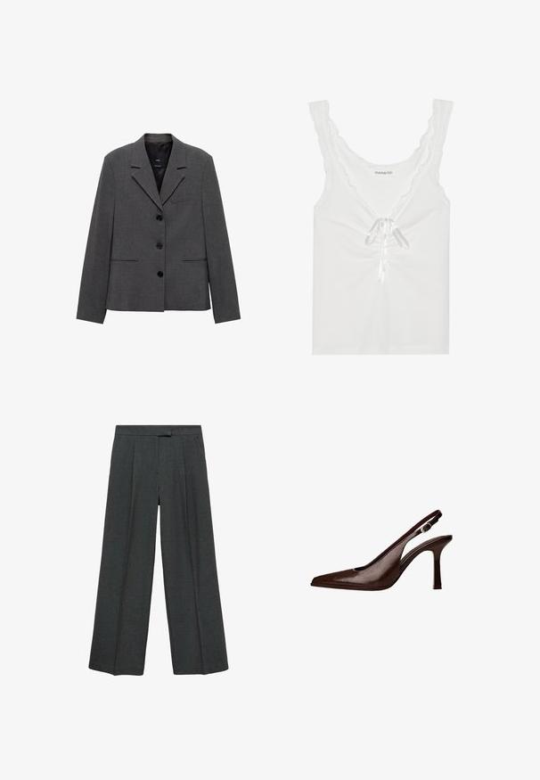 Grijze blazer van gestructureerde stof, met een opstaande kraag, drie knopen en twee schuin geplaatste voorkruiszakken.; Witte mouwloze top met een golvende rand, een voorknoop met satijnlint en geplooide details in het midden. Gemaakt van zachte stof.; Donkergrijze wijde broek met plooien aan de voorkant, gemaakt van een gestructureerde stof, met een platte tailleband zonder zichtbare sluitingen.; Bruine lederen slingbackpomp met een spitse neus en een dunne hak. Voorzien van een kleine accentgesp op de band en een glossy afwerking.