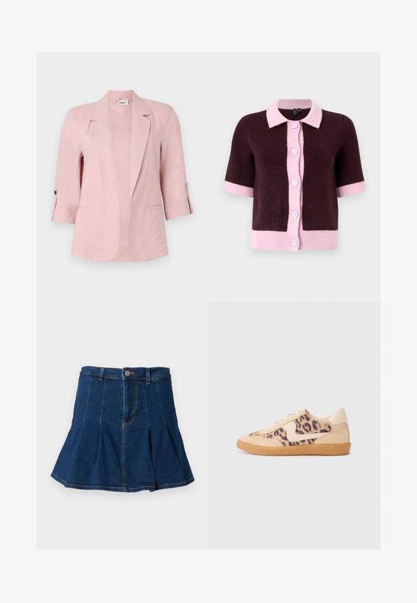 Helle pinke Blazer mit einem einreihigen Design, Reverskragen und Dreiviertelärmeln. Zwei vordere Taschen und Knopf-Akzente an den Ärmeln.; Kurzärmelige Strickjacke aus dunkelbraunem Material, mit einem hellrosa Kragen und Knopfverschluss, sowie kontrastierenden rosa Säumen und Bündchen.; Schwarz, kurzärmliges Oberteil mit rundem Halsausschnitt, das über ein Cut-out-Detail und eine Bindeschleife auf der Vorderseite verfügt. Hergestellt aus weichem, leichtem Stoff.; Jeansrock in Dunkelblau, mit einem plissierten Design, fünf Taschen, einem vorderen Knopfverschluss und kontrastierenden Nähten.; Löwenmuster-Sneaker mit beige Wildleder-Obermaterial, tanfarbener Gummisohle und weißen Akzenten. Runde Zehenform und Schnürdesign mit strukturiertem Finish.