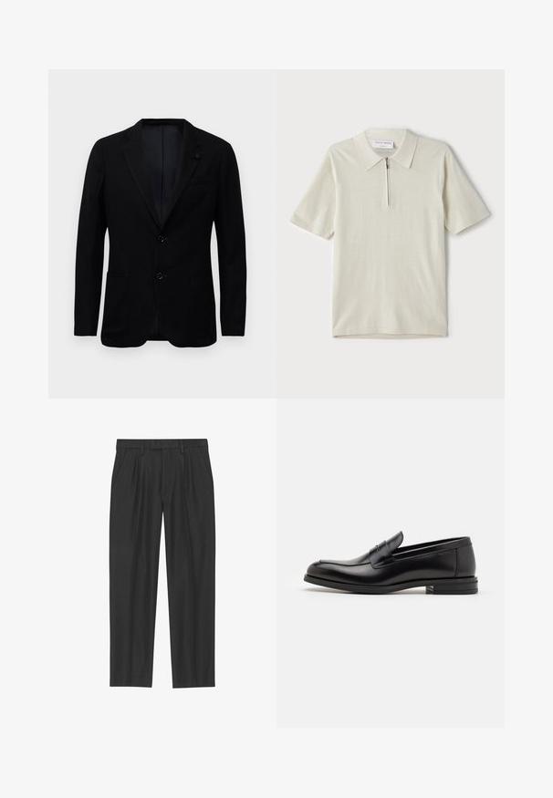 Schwarzes Herren-Blazer mit zwei Vorderaschen, Reverskragen, zwei Knöpfen und subtiler Textur auf einem weißen Hintergrund.; Kurzärmliges Poloshirt in hellbeige mit Reißverschlusskragen. Hergestellt aus glattem Stoff, bietet es ein einfaches, modernes Design ohne Muster.; Schwarze, plissee Hosen aus einem glatten Stoff; mit einem Bund und Gürtelschlaufen sowie geradem Beinausschnitt. Minimalistisches Design ohne Muster.; Schwarze Lederloafers mit glatter Textur, rundem Zehenbereich und einem dekorativen Riemen über dem Vorderfuß. Niedriger, gestapelter Absatz, minimalistisches Design.