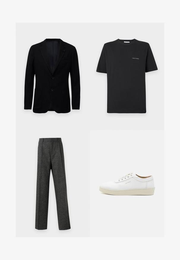 Juodasis vyriškas švarkas su dviem priekinėmis kišenėmis, notch tipo apykakle, dviem mygtukais ir subtilios tekstūros audiniu ant baltos fono.; Juoda medvilnės marškinėliai su apvaliu kaklu, trumpomis rankovėmis ir mažu baltu „TIGER OF SWEDEN“ logotipu krūtinėje. Klasikinis siluetas.; Pilki pritaikyti kelnių modeliai, pagaminti iš tekstūruotos medžiagos, su dviem priekiniais klostėmis ir tiesiogine kojų forma. Nėra matomų kišenių ar puošybų.; Balti odiniai sportbačiai su tekstūriniu paviršiumi, apvaliu kojų pirštu, smėlio spalvos guma ir šešiomis pilkomis raištelių akytėmis, su subtiliu ženklinimu šone.