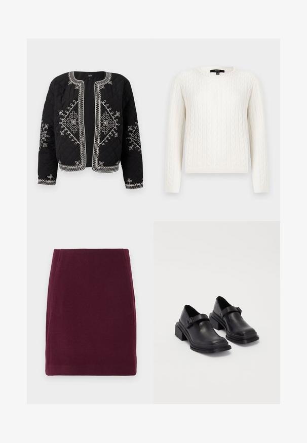 Quiltet sort jakke med hvide broderede blomstermotiver. Rund halsudskæring, åben front og lange ærmer med intrikate stikninger.; Hvid kabelstrikket sweater med lange ærmer, rund halsudskæring og en dekorativ perleaccent ved kraven. Blød tekstur og tætsiddende design.; Vero Moda VMFORTUNALLISON SHORT - A-snit nederdel - winetasting; Sorte lædersko med rund tå, flad sål og en rem med spænde detaljer. Chunky blokhæl for øget stabilitet.