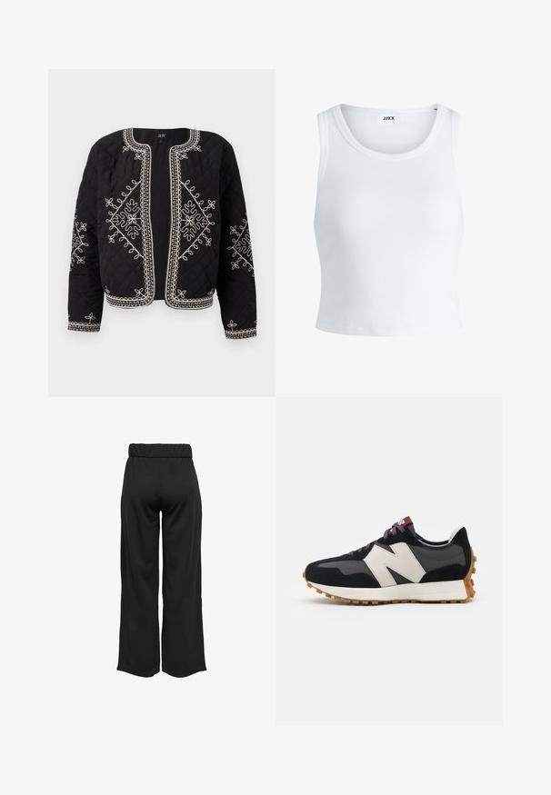 Vadderad svart jacka med vita broderade blommönster. Rund halsringning, öppen front och långa ärmar med detaljerad sömnadsaccent.; Vit ribbade linne med rund halsringning, ärmlös design och kort längd. Märket säger "JJXX." Slät tygkvalitet.; Svarta, vida byxor med elastisk midja, tillverkade av en mjuk tyg. Har en ren design utan fickor eller synliga sömdetaljer.; Svart och grå mocka sneaker med en stor krämfärgad "N"-logotyp, lila snören och en texturerad gummisula.