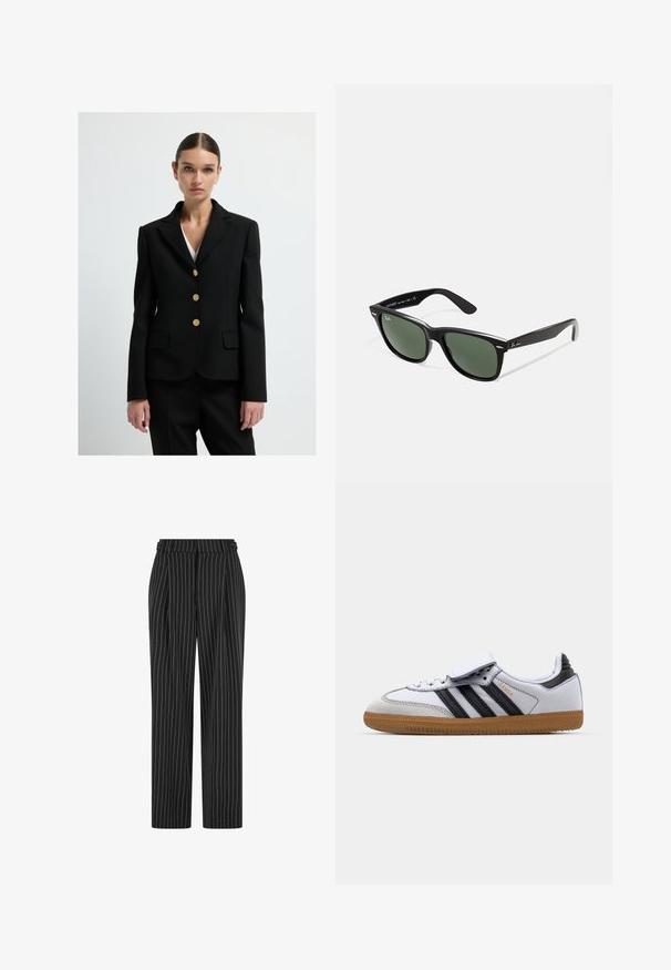 Schwarze Blazer mit maßgeschneidertem Design, ausgestattet mit einem Reverskragen, drei goldenen Knöpfen und zwei Fronttaschen. Glattes, strukturiertes Material.; Weißes, geripptes Tanktop mit breiten Trägern und tailliertem Schnitt, kombiniert mit hochgeschnittenen schwarzen Hosen und einem schwarzen Gürtel.; Schwarze Nadelstreifenhose mit hoher Taille, gefaltetem Vorderteil und geradem Bein. Der Stoff wirkt strukturiert und ist maßgeschneidert für einen formellen Look.; Weiße Ledersneaker mit schwarzen Streifen und grauen Akzenten, ausgestattet mit einer runden Zehenpartie und einer Laufsohle aus Gummi. Mit Klettverschluss und Schnürung.; Schwarze Plastiksonnenbrille mit grünen Gläsern, quadratischen Rahmen, silbernem Akzent auf der Augenbraue und strukturierten Bügeln. Angegebene Marke auf dem inneren Bügel.; Rechteckige Quarzarmbanduhr von Casio mit silbernem Zifferblatt, goldenen Akzenten, schwarzem krokodilprägt Lederarmband und wasserdichter Eigenschaft.