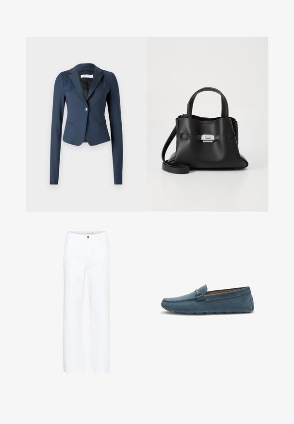 Tummansininen istuva bleiseri sileästä kankaasta, jossa on yksi etupainike ja muotoillut pitkät hihat. Sisältää hienovaraisen kauluksen ja sivutaskut.; Valkoinen lyhythihainen paita, joka on valmistettu pehmeästä kankaasta. Tässä paidassa on pyöreä pääntie ja gathered-yksityiskohtia vyötäröllä, mikä luo istuvan ilmeen.; Valkoiset suorat farkut, jotka on valmistettu denimistä. Varustettu nappilukolla ja perinteisellä viiden taskun muotoilulla. Sileä pinta puhtaalla viimeistelyllä.; Siniset mokkasiinit, joissa on tasainen pohja, reunassa ommeltu kuviointi ja koristeellinen metallidetalji edessä.; Mustat nahkaa oleva käsilaukku, jossa on teksturoitu pinta, kaksi yläkahvaa, irrotettava olkahihna ja hopeinen solk yksityiskohta.