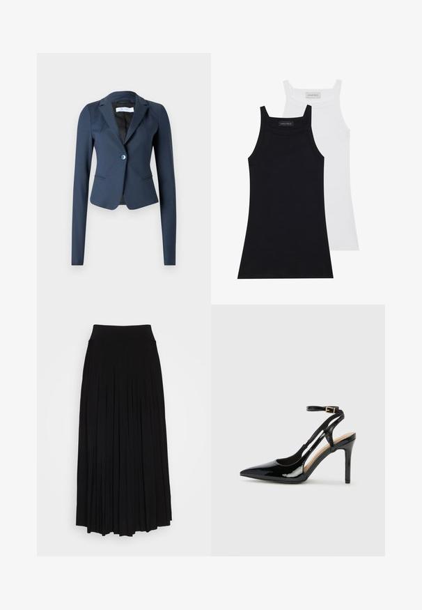 Granatowa dopasowana marynarka z gładkiego materiału, z pojedynczym guzikiem z przodu i dopasowanymi długimi rękawami. Posiada subtelny wzór klap i boczne kieszenie.; Dwie bezrękawniki w kolorze czarnym i białym. Wykonane z miękkiego, elastycznego materiału o prążkowanej fakturze i dopasowanym kroju. Posiadają cienkie ramiączka.; Czarna plisowana spódnica z wysokim, elastycznym pasem. Wykonana z miękkiego materiału, z pionowymi plisami, które tworzą zwiewny kształt.; Czarne lakierowane buty na wysokim obcasie typu slingback z wysmuklonym noskiem, regulowanym paskiem na kostce i otwartymi bokami. Gładka faktura.