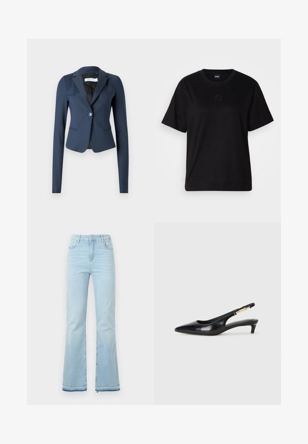 Tumedat sinise värvi sobitatud bleiser sileda kangaga, millel on üks esine nupp ja kohandatud pikad varrukad. Omab peent kraediidist disaini ja küljetaskuid.; Mustmust särk, millel on ümar kaelus, lühikesed varrukad ja tindiga tikitud logo rinnal. Lihtne, mugav lõige ilma mustriteta.; Heledad helesinised teksad, mis on valmistatud denimist, kõrge vöökohaga, esikottidega ning toore äärtega sääreosas, et luua lõdvestunud välimus.; Mustad nahast slingback kontsad terava ninaga, millel on õhuke konts ja kuldse tooni aktsent reguleeritaval rihmal. Sile tekstuur.