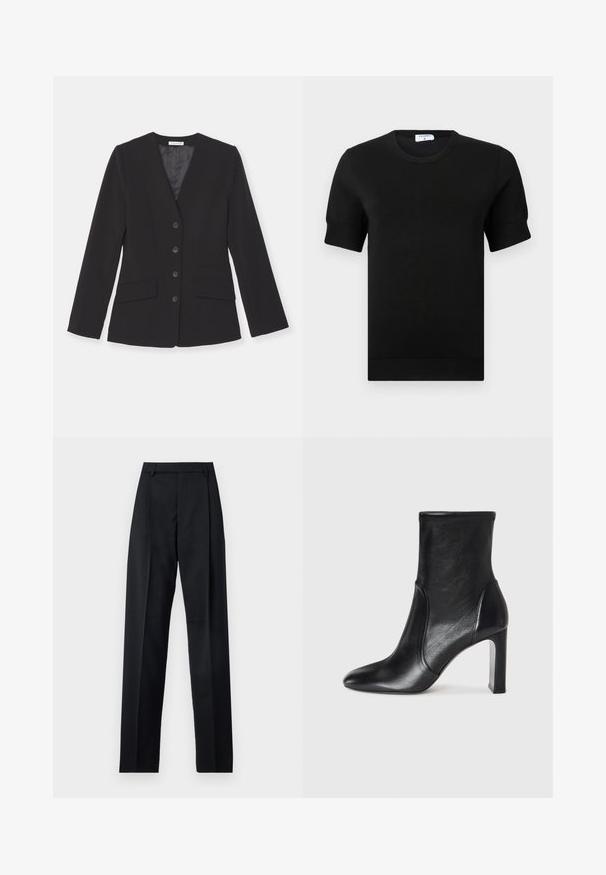 Melna žakete ar iecirtīgu apkakli, sešām priekšējām pogām un divām ieliktajām kabatām. Izgatavota no gludas auduma ar pieguļošu piegriezumu un garām piedurknēm.; Melnas īsām piedurknēm adīts tops ar apaļu izgriezumu. Piedurkņu un apakšmalas daļā ir smalkas ribota raksta detaļas, izgatavots no gludas auduma.; Melnas bikses, izgatavotas no gludas auduma, ar augstu vidukli, platiem bikšu galdniekiem, priekšējiem krokām un klasiskām jostu cilpām. Sānu kabatas nav redzamas.; Melnas ādas potītes zābaks ar elegantu dizainu, norādītu pirkstu un augstu kvadrātveida papēdi. Ir gluda tekstūra un minimālisma šuvju detaļas.