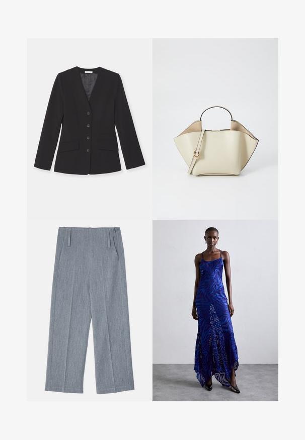 Juodas švarkas su išpjautu apykakle, šešiais priekiniais mygtukais ir dviem kišenėmis. Pagamintas iš glotnaus audinio, turi pritaikytą siluetą ir ilgomis rankovėmis.; Juodas ilgų rankovių marškinėlis, pagamintas iš minkštos medžiagos, su apykakle ir laisvu siluetu, su šoninėmis sklendėmis apačioje, kad būtų lengviau judėti.; Šviesiai pilkos, plačios kojų kelnės, pagamintos iš tekstūruoto audinio, su dviem priekinėmis klostėmis ir dviem šoninėmis kišenėmis. Tvarkingas, tikslais pritaikytas dizainas.; Mėlynas ir purpurinis gyvūnų rašto ilgas suknelė su plonomis petnešomis, prigludusia krūtinės dalimi, plačiu apvadu ir permatomais akcentais.; Ree Projects ANN - Rankinė - beige