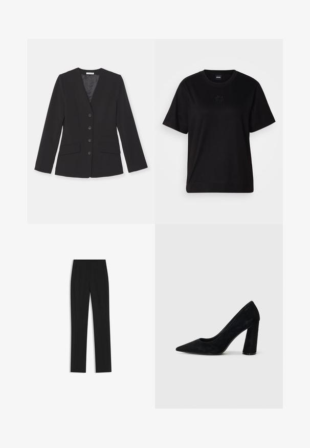 Czarna marynarka z klapami, sześcioma guzikami z przodu i dwoma naszytymi kieszeniami. Wykonana z gładkiego materiału, dopasowana i z długimi rękawami.; Czarny bawełniany t-shirt z okrągłym dekoltem, krótkimi rękawami i haftowanym logo na piersi. Prosty, luźny krój bez wzorów.; Czarne spodnie o dopasowanym kroju z prostymi nogawkami, z przednimi kieszeniami i gładką, teksturowaną tkaniną. Schludne, minimalistyczne wykończenie.; Czarne zamszowe szpilki z ostrym noskiem i masywnym obcasem. Smukły design, gładka faktura i minimalistyczny styl. Brak widocznej marki.