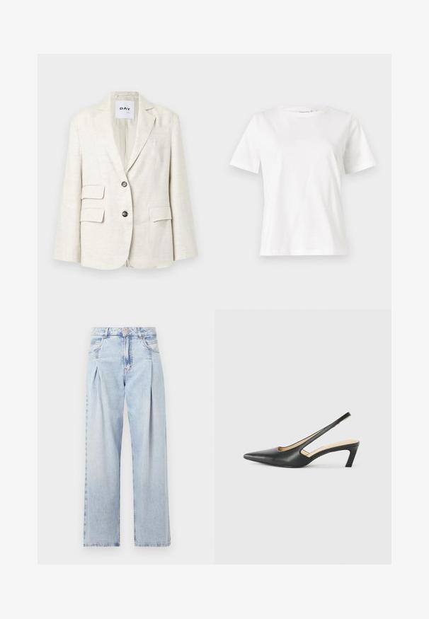 Blazer bej deschis realizat dintr-un material texturat, cu rever în colț, două buzunare frontale și două butoane negre. Eticheta indică "DAY."; Tricou alb din bumbac cu mâneci scurte, guler rotund și o croială relaxată. Textură netedă, fără imprimeuri sau accente, design minimalist.; Jeans din denim albastru deschis cu talie înaltă, croială evazată, două buzunare laterale și un design pliat. Textură moale cu un finisaj decolorat.; Pantof cu toc mic, cu vârf ascuțit și slingback, realizat din piele netedă, având un design decupat pe lateral pentru respirabilitate.
