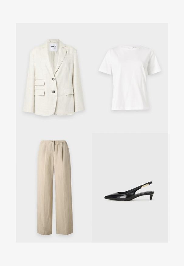 Blazer beige chiaro realizzato in tessuto testurizzato, con rever a punta, due tasche frontali e due bottoni neri. Etichetta con la scritta "DAY."; T-shirt bianca in cotone con maniche corte, scollatura rotonda e vestibilità rilassata. Struttura liscia, senza motivi né accenti, design minimalista.; Pantaloni beige a gamba larga realizzati in tessuto morbido con vita elastica arricciata e chiusura con bottone frontale. Tessuto liscio con pieghe.; Tacchi slingback in pelle nera con punta affusolata, caratterizzati da un tacco alto e un accento dorato sulla cinghia regolabile. Texture liscia.