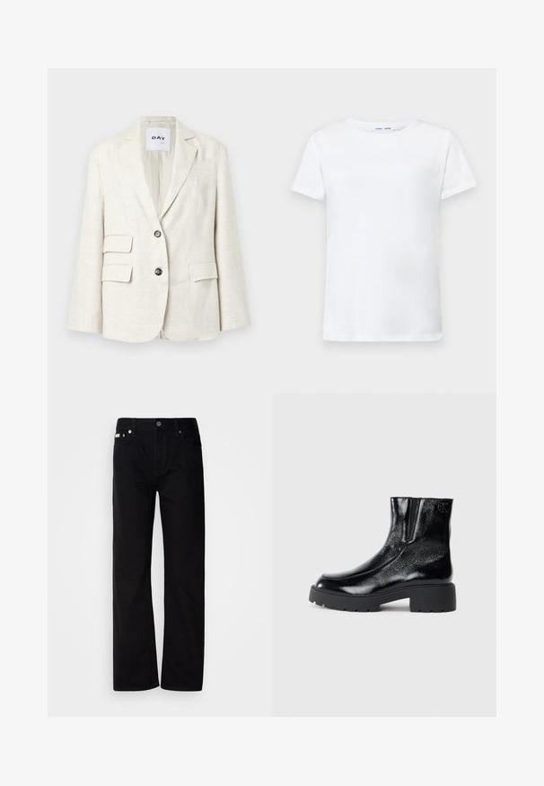 Light beige blazer made of textured fabric, featuring a notched lapel, two front pockets, and two black buttons. Label reads "DAY."; White short-sleeve t-shirt made of cotton with a crew neck design. Smooth texture and straight cut, no patterns or accents.; Black denim straight-leg pants with five pockets, silver rivets, and a button fly. The fabric has a smooth, slightly textured finish.; Black ankle boots with a glossy patent leather finish, chunky black rubber sole, and raised heel; includes subtle logo detail on the side.
