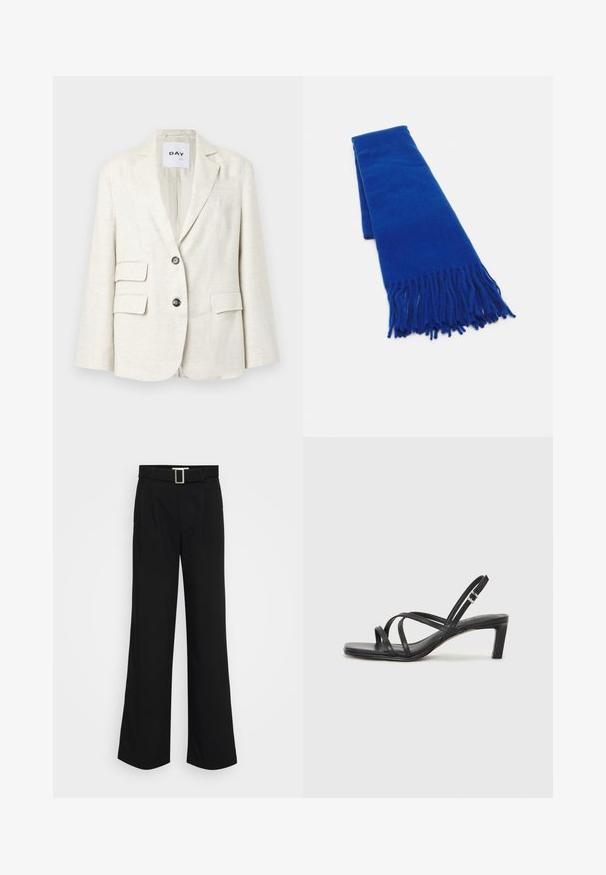 Heller beigefarbener Blazer aus strukturiertem Stoff, mit einem Reverskragen, zwei Fronttaschen und zwei schwarzen Knöpfen. Das Etikett trägt die Aufschrift "DAY."; Schwarzes Rundhals-T-Shirt aus Baumwolle, mit kurzen Ärmeln und lockerer Passform. Glatte Textur ohne sichtbare Muster oder Akzente.; Schwarze weit geschnittene Hosen aus leichtem Stoff, mit glatter Oberfläche, vorderen Falten und einem Gürtel mit einer quadratischen Metallschnalle.; Schwarze Sandale mit Riemchen, quadratischer Zehenform und niedrigem Blockabsatz. Verfügt über mehrere dünne Riemen und einen verstellbaren Knöchelriemen. Hergestellt aus glattem Leder.; Blauer gewebter Schal mit fransigen Enden, glatter Textur, rechteckiger Form und einheitlicher Farbe. Geeignet für kaltes Wetter.