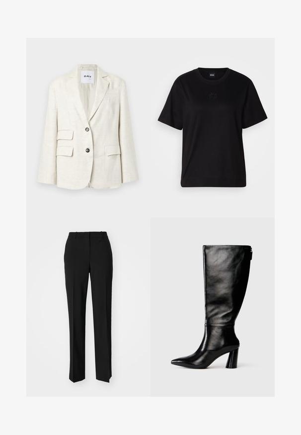 Heller beigefarbener Blazer aus strukturiertem Stoff, mit einem Reverskragen, zwei Fronttaschen und zwei schwarzen Knöpfen. Das Etikett trägt die Aufschrift "DAY."; Schwarzes Baumwoll-T-Shirt mit Rundhalsausschnitt, kurzen Ärmeln und aufgesticktem Logo auf der Brust. Einfacher, lässiger Schnitt ohne Muster.; Schwarze, taillierte Hose mit geradem Bein, aus einem glatten Stoff und mit klaren Falten an der Vorderseite. Keine sichtbare Hardware.; Knöchelhohe schwarze Lederstiefel mit einer spitzen Zehe, glatter Oberfläche und einem klobigen Absatz. Verfügt über einen Reißverschluss hinten.