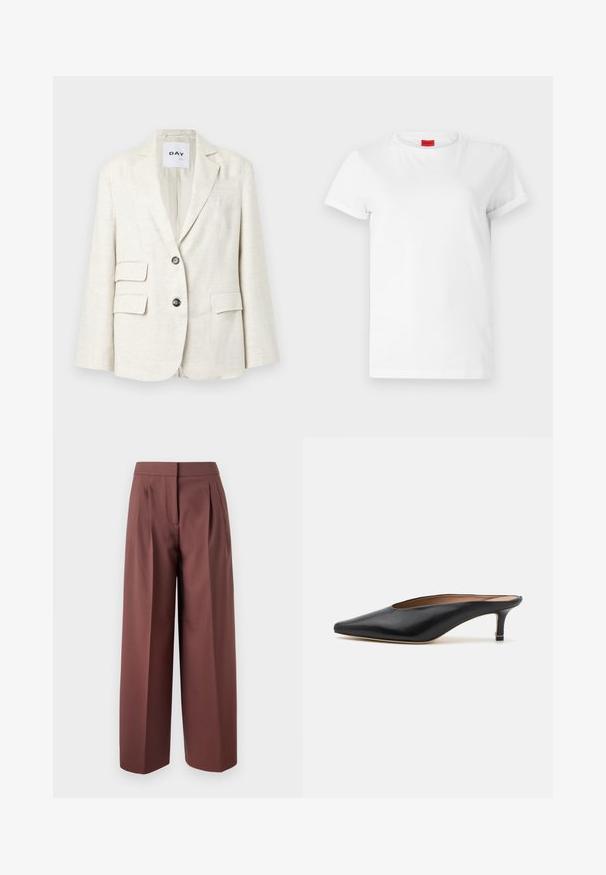 Licht beige blazer van gestructureerde stof, met een notch lapel, twee voorkeurszakken en twee zwarte knopen. Etiket leest "DAY."; Witte T-shirt met korte mouwen, gemaakt van lichtgewicht katoen. Heeft een ronde hals en opgerolde mouwen. Rode merketiket op de kraag.; Bruine wijde broek met hoge taille, voorzien van plooien aan de voorkant, een tailoring ontwerp en een gladde stofstructuur.; Zwarte leren muiltjes met een puntige neus en een lage, blokhak. Glad oppervlak met een gestroomlijnd ontwerp. Open achterkant met minimale details.