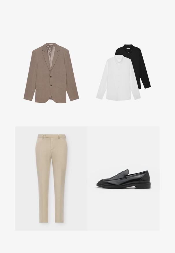 Gaiši brūns žakets, kas izgatavots no teksturēta auduma, ar divām priekšējām kabatām, vienu pogu aizdari un satīna iekšējo oderi.; Baltas un melns garām piedurknēm krekls ar norādītām apkaklēm, priekšējiem pogām un gludu auduma tekstūru. Etiķetes redzamas iekšējā kakla daļā.; Beige veidotas bikses ar šauru piegriezumu, ar gludu priekšpusi, diskrētām sānu kabatām un gludu, teksturētu audumu.; Melnas ādas loafers ar gludu virsmu, ar noapaļotu purngalu un šauru joslu pāri augšdaļai. Zems kaudzes papēdis.