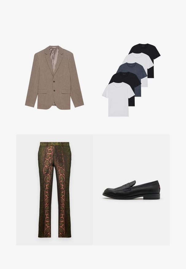 Light brown blazer made of textured fabric, featuring two front pockets, single-button closure, and a satin-finished inner lining.; Set of five t-shirts in black, white, and navy blue. Cotton fabric, short sleeves, crew neck design, and plain texture with no patterns.; Green patterned trousers featuring a snake print design with shades of brown and orange, straight cut, and a smooth texture.; Black leather loafers with a smooth finish, rounded toe, and a small decorative flap. Features a low stacked heel and subtle branding detail.