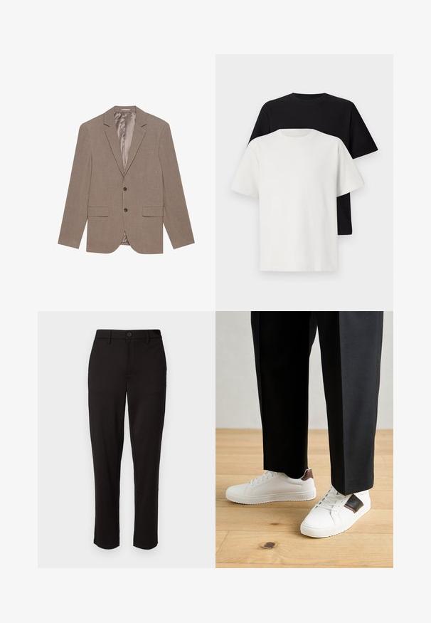 Light brown blazer made of textured fabric, featuring two front pockets, single-button closure, and a satin-finished inner lining.; Cotton t-shirt set featuring a black top and a white top, both with short sleeves, round neckline, and standard fit. Textured fabric.; Black trousers made of lightweight fabric, featuring a straight leg, front button closure, belt loops, and side pockets.; White sneakers with smooth texture, featuring brown leather accents and black detailing, paired with black tailored pants. Wooden floor background.