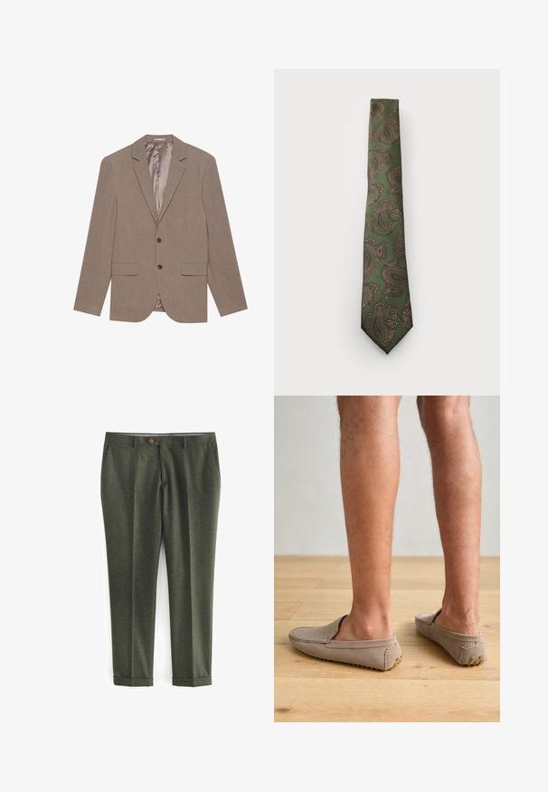 Svijetlosmeđi sako od teksturirane tkanine, s dva prednja džepa, zatvaranjem na jedan gumb i unutarnjom podstavom od satena.; YOURTURN UNISEX 3 PACK BASIC OVERSIZED T-SHIRT - Osnovna majica kratkih rukava - dark brown/off-white/dark grey; Tamnozelene hlače od teksturiranog materijala, s bočnim džepovima, prednjim zatvaranjem na dugme i okoštanim manžetama za krojeni izgled.; Bež zamšene cipele na vezanje s zaobljenim prstima i dekorativnim šavovima, s teksturiranim gumenim potplatima s malim zlatnim akcentima.; Zelena kravata s uzorkom paisley u smeškastoj i zlatnoj boji. Ova kravata ima teksturirani materijal i uski dizajn s oštrim vrhom.; Digitalni Casio sat s metalnom narukvicom u ružičastom zlatu, pravokutnim kućištem, osvijetljenim zaslonom i vodootpornošću, prikazuje vrijeme i datum.