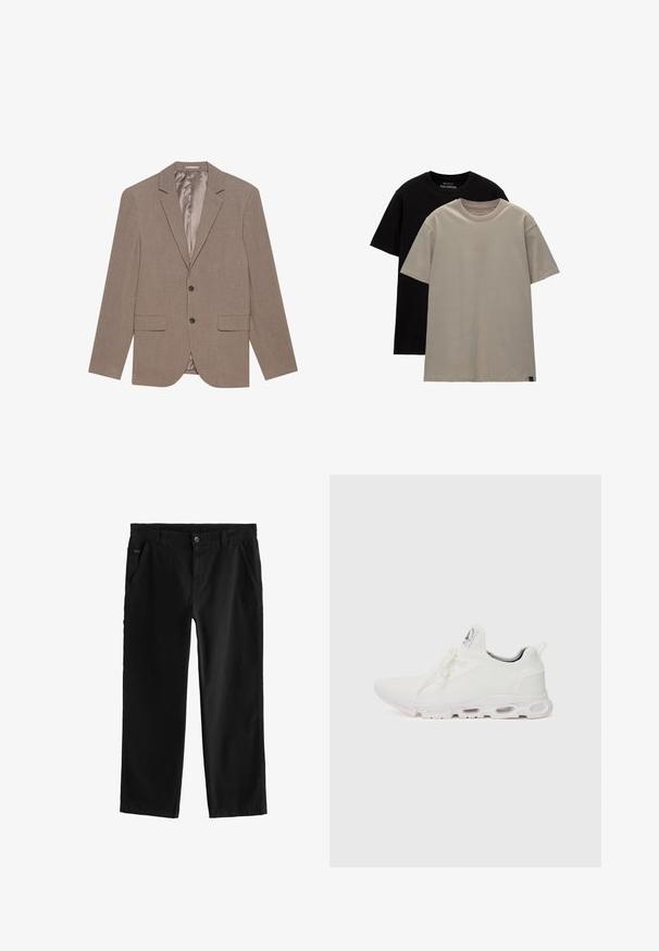 Light brown blazer made of textured fabric, featuring two front pockets, single-button closure, and a satin-finished inner lining.; Set of two t-shirts; one black, one light beige. Regular fit with round necklines, made of soft cotton fabric. Simple design, no patterns.; Black cotton pants with a straight leg design, featuring a front button closure, angled side pockets, and subtle stitching details.; White athletic shoes featuring a textured knit upper, flat laces, and a cushioned sole with visible air chambers for added support.