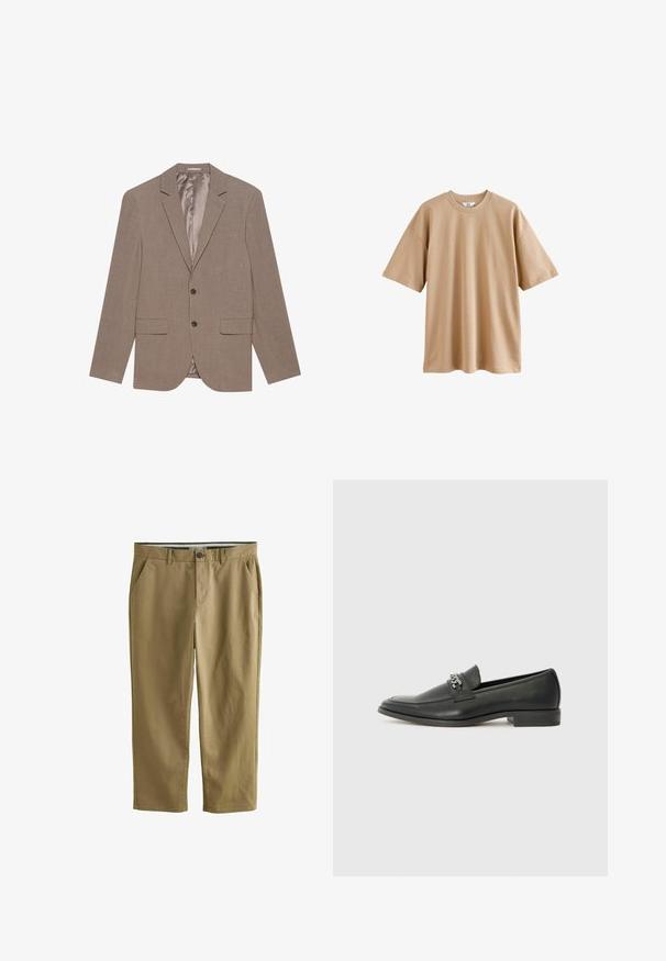 Blazer de color marrón claro, confeccionado en tejido texturizado, con dos bolsillos frontales, cierre de un solo botón y forro interior con acabado satinado.; Camiseta de manga corta color beige, hecha de algodón, con cuello redondo y corte relajado, presenta una textura suave y sin patrones ni acentos.; Chinos caqui fabricados en mezcla de algodón, con dos bolsillos laterales, cierre de botón, piernas rectas y una textura suave.; Mocasín de cuero negro con un acabado suave, que cuenta con un diseño de costura y un acento decorativo de cadena de metal en el empeine. Tacón plano.