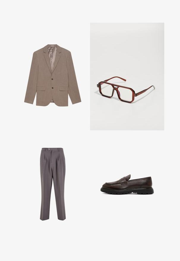 Light brown blazer made of textured fabric, featuring two front pockets, single-button closure, and a satin-finished inner lining.; Two short-sleeve crew neck t-shirts, one black and one white, made of soft cotton material with a ribbed texture. Classic fit design.; Gray pleated trousers made of smooth fabric, featuring a straight leg design, a single button closure, and slanted side pockets.; Brown leather loafer with textured finish, rounded toe, and rubber sole featuring a patterned tread. Simple design with no visible hardware.; Brown transparent oversized glasses with rectangular lenses and slender arms. Angled, slightly rounded corners and visible hardware accents.