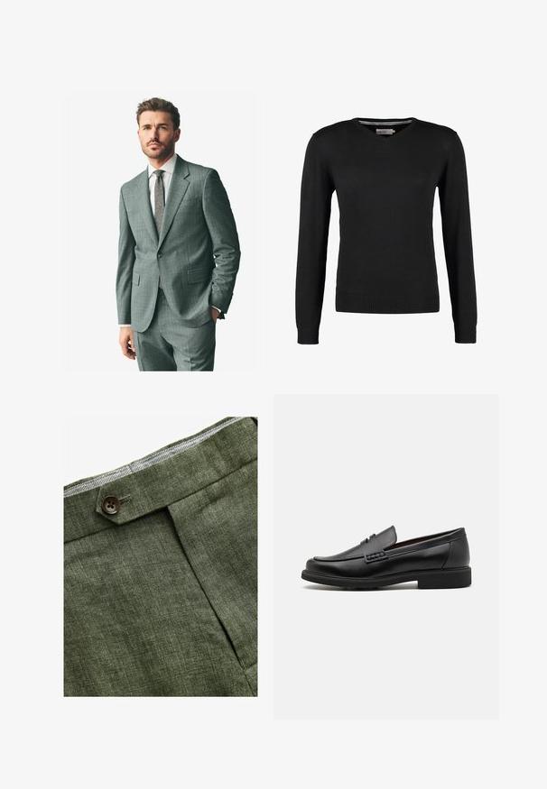 Grijs textuurpak met een afgeronde revers, bijpassende broek en een lichtkleurig overhemd. Accessoires zijn onder andere een gestreepte stropdas en knopen op de mouwen.; Zwarte, aansluitende V-hals trui met lange mouwen. Gemaakt van zachte gebreide stof, met geribbelde mouwen en zoom. Minimalistisch ontwerp.; Witte katoenen t-shirt met ronde hals, gedragen met marineblauwe geplooide broek en een bruine leren riem met een gouden gesp.; Olijf groene linnen broek met een voorplooi, voorzien van een knoopsluiting en een contrasterende geruite voering bij de tailleband.; Zwarte synthetische loafers met een opvallende gestikte voorkant, gevoerde binnenzool en platte rubberen buitenzool; slank ontwerp met minimale details.