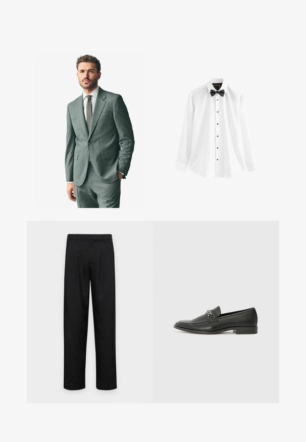 Szürke textúrájú öltöny, kivágott hajtókával, hozzáillő nadrággal, és világos inggel. Kiegészítők között minta nélküli nyakkendő és gombok találhatók az ujjakon.; Fehér pamut ing, hosszú ujjakkal, fekete csokornyakkendővel és fekete gombokkal az elején.; Fekete nadrág sima anyagból, egyenes szárú fazonnal, két elülső redővel és közönséges derékkal, övhurkokkal.; Fekete bőr loaferek sima felülettel, varrott mintával és díszítő fém lánccal a cipő elején. Lapos sarok.