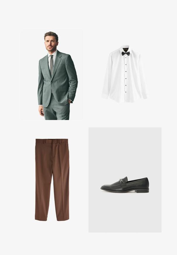 Grau strukturiertes Anzug mit Schlag, passende Hose und einem hellen Hemd. Die Accessoires umfassen eine gemusterte Krawatte und Knöpfe an den Ärmeln.; Weißes Hemd aus Baumwolle mit langen Ärmeln, einer schwarzen Fliege und schwarzen Knöpfen auf der Vorderseite.; Braune maßgeschneiderte Hosen mit glatter Textur, geradem Bein, Gürtelschlaufen und einem einzelnen vorderen Falten. Keine sichtbaren Taschen oder Akzente.; Schwarzer Lederloafer mit glatter Oberfläche, ausgestattet mit einer gesteppten Gestaltung und einem dekorativen Metallkettendetail über dem Vorderblatt. Flacher Absatz.