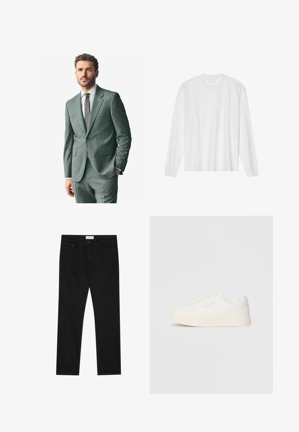 Sivkasta teksturirana obleka z izrezanim ovratnikom, usklajeni hlače in svetla srajca. Dodatki vključujejo vzorčast kravato in gumbe na rokavih.; Bela bombažna majica z dolgimi rokavi in posadnim izrezom ter rebrastimi manšetami. Preprost, neokrašen dizajn, ki se ponaša z gladko teksturo in standardnim krojem.; Črne ravne jeans hlače s petimi žepi, z gumbom in zadrgo za zapiranje ter oznako blagovne znamke Pier One na pasu.; Bele zapete brez vezalk z teksturirano površino, debelim podplatom in minimalističnim dizajnom. Na strani se nahaja logotip blagovne znamke.