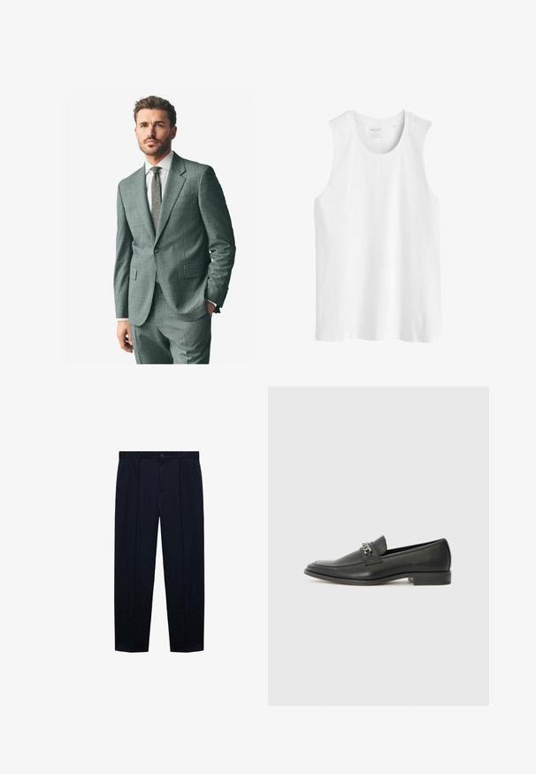 Suit grigio con texture, colletto a scollatura, pantaloni abbinati e camicia formale chiara. Gli accessori includono una cravatta a motivo e bottoni sulle maniche.; Top bianco senza maniche realizzato in cotone. Presenta un colletto tondo e un fondo dritto con una vestibilità regolare e senza motivi o abbellimenti.; Pantaloni blu navy con frontale piatto realizzati in tessuto leggero e dalla texture liscia; presentano una chiusura con bottone e due tasche laterali.; Mocassino in pelle nera con finitura liscia, caratterizzato da un design cucito e da un accento decorativo in catena metallica sul vamp. Tacco piatto.