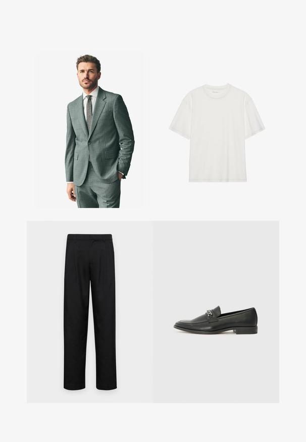 Sivi odijelo s teksturom i reverom, odgovarajuće hlače i svijetla košulja. Dodaci uključuju kravatu s uzorkom i dugmad na rukavima.; Bijela pamučna majica kratkih rukava, s okruglim izrezom i kontrastnim šavovima oko izreza i rukava.; Crne hlače od glatkog materijala, s dizajnom ravnih nogavica, dva prednja nabora i standardnim pojasom s petljama za remen.; Crna kožna loafer cipela s glatkom finišem, s ušivenim uzorkom i dekorativnim metalnim lancem preko prednjeg dijela. Ravni potplat.