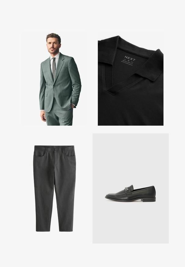 Hallikas tekstuuriga ülikond, millel on lõigatud krae, sobivad püksid ja heledat värvi särgike. Aksessuaaride hulka kuuluvad mustriga lips ja nööbid varrukatel.; Must mustaga V-kaelusega ja tekstuuriga kanga. Omab voltimisega krae ja sildiga, mis näitab brändi ja suuruse teavet. Tavaline lõige.; Tumedast hallid slim-fit püksid, mis on valmistatud tekstuurilisest kangast, nupuluku, vöödega ja nelja taskuga.; Must haveate nahkking punased, millel on sile viimistlus, tikitud muster ja dekoratiivne metallkett vampi üle. Tasane konts.