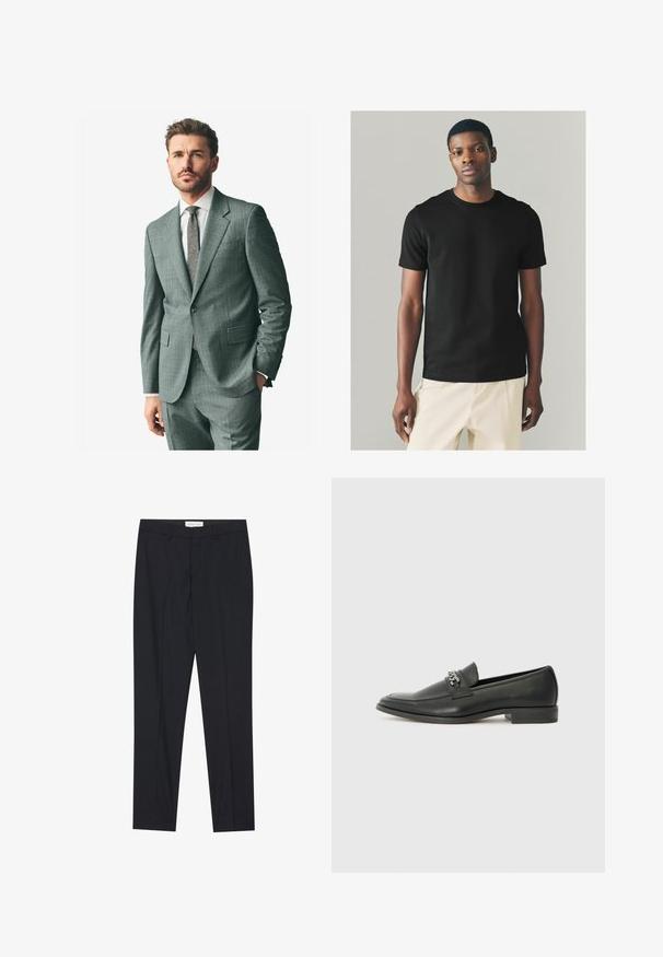 Harmaa teksturoitu puku, jossa on saketoppi, siihen sopivat housut ja vaalea kauluspaita. Lisävarusteina on kuvioitu solmio ja napit hihoissa.; Mustapaitainen lyhythihainen t-paita, pyöreällä kaula-aukolla ja kapealla siluetilla, yhdistettynä vaaleisiin housuihin. Sujuva rakenne.; Musta räätälöity housupari, jossa on tasapintainen etuosa, normaali istuvuus, valmistettu sileästä kankaasta, jossa on painetut laskokset ja sivutaskut.; Musta nahkakengät, joissa on sileä pinta, koristeelliset ompeleet ja metalliketjun yksityiskohta kengän päällä. Littee korko.