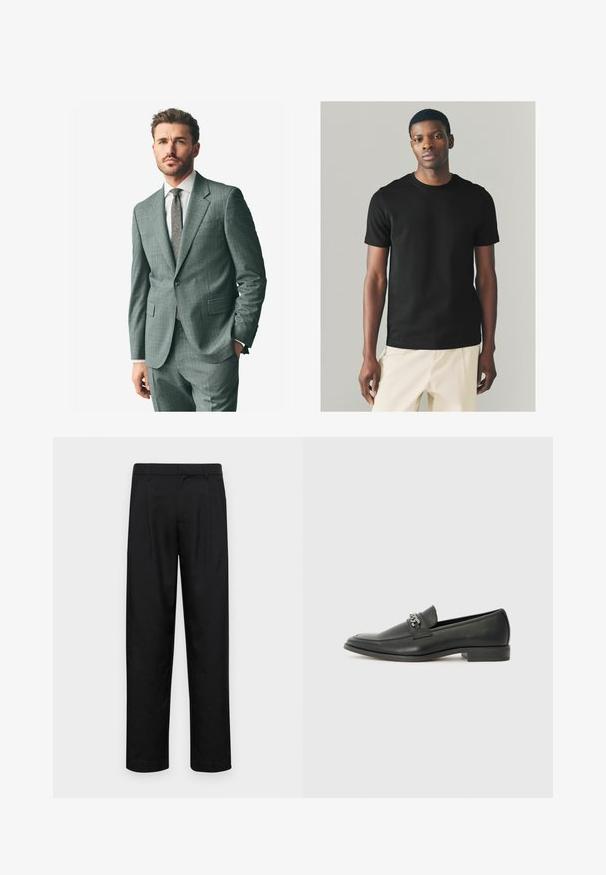 Pelēks teksturēts uzvalks ar izgrieztu atlokiem, saderīgi bikses un gaiša krekla. Aksesuāri ietver rakstainu kaklasaiti un pogas uz piedurknēm.; Melnas kokvilnas T-krekls ar īsām piedurknēm, apaļu kakla izgriezumu un pieguļošu siluetu, kombinēts ar gaišām biksēm. Gluda tekstūra.; Melnas bikses, izgatavotas no gludas auduma, ar taisnu kāju dizainu, divām priekšējām krokām un standarta jostu, kurai ir āķi.; Melna ādas loafer izmēra apavi ar gludu virsmu, piedāvā ar šūtu dizainu un dekoratīvu metāla ķēdes akcentu pār vampu. Plakana papēža daļa.