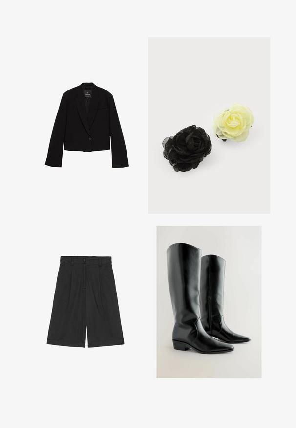 Geknipt zwart colbert van gladde stof, met een enkele knoopsluiting, inkepingen bij de revers en een borstzak met een minimalistisch ontwerp.; Zwarte t-shirt met korte mouwen van gladde stof. Heeft een ronde halslijn en een losse pasvorm met een rechte zoom.; Zwarte linnen shorts met een ontspannen pasvorm, voorzien van een vlakke voorkant, twee zijzakken en een knoopsluiting in de taille.; Zwarte kniehoog laarzen van glanzend nepleer. Met een spitse neus, een lage blokhak en een rits aan de zijkant voor makkelijk aan- en uittrekken. Glad van structuur.; Twee haarspelden in de vorm van rozen: een zwarte en een lichtgele, gemaakt van delicate, gelaagde stof met een matte afwerking.