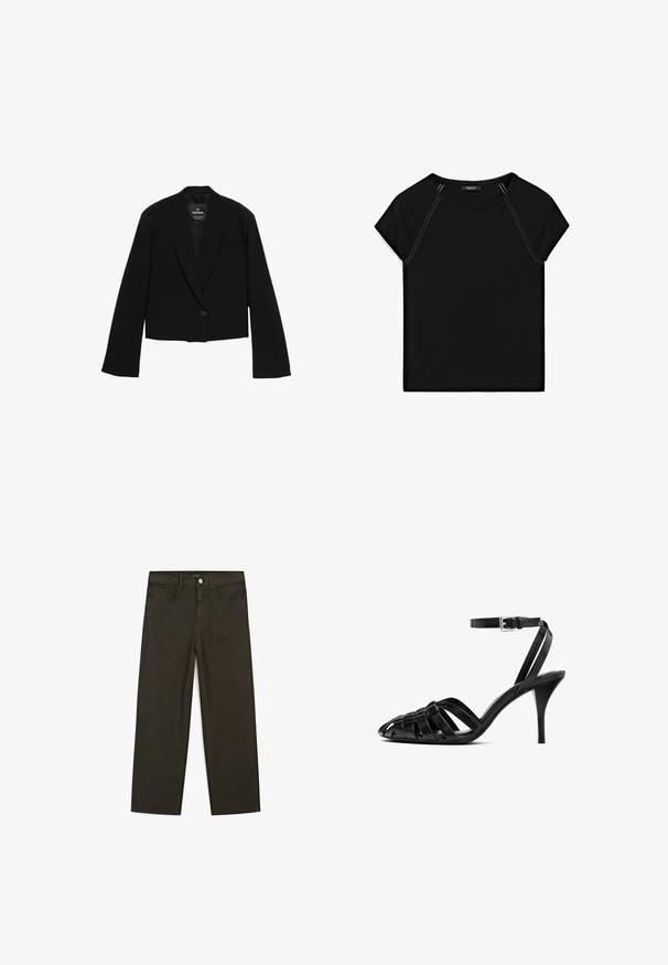 Przycięta czarna marynarka z gładkiego materiału, z pojedynczym zapięciem na guzik, klapami w kształcie otworu oraz kieszenią na piersi o minimalistycznym wzornictwie.; Czarny top z krótkim rękawem z okrągłym dekoltem i kontrastowym białym szyciem wzdłuż ramion i boków. Miękka, gładka tkanina.; Ciemnozielone spodnie dżinsowe typu wide-leg wykonane z mieszanki bawełny, z zamkiem na guzik z przodu, pięcioma kieszeniami i klasycznym przeszyciem dżinsowym.; Czarne skórzane sandały na wysokim obcasie z paskiem na kostce, z plecionymi paskami na palcach, gładkim wykończeniem i spiczastym kształtem noska.