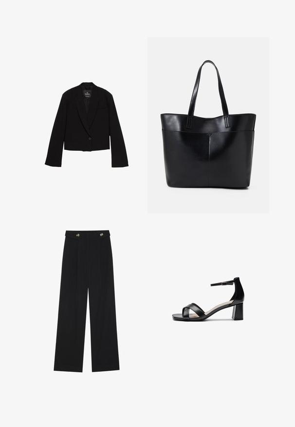 Blazer nero accorciato realizzato in tessuto liscio, dotato di chiusura a un bottone, rever a punta e taschino sul petto con design minimalista.; Top nero a maniche lunghe con dettaglio di tessuto arricciato sul davanti e ai polsi, realizzato in materiale morbido ed elasticizzato con scollatura a barca.; Pantaloni neri a gamba larga con vita alta, dettagli con bottoni in vita e pieghe frontali.; Sandalo con tacco aperto nero, con cinturini incrociati, fibbia regolabile alla caviglia e tacco spesso, con una texture in pelle liscia.; Borsa a tracolla in pelle nera con due manici lunghi, una texture liscia e una forma strutturata. Presenta una tasca frontale per ulteriore spazio di archiviazione.