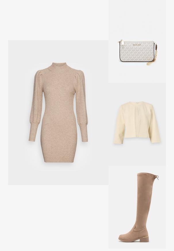 Beżowa krótka kurtka z rękawami do trzech czwartych, z okrągłym dekoltem i detalami w postaci fałd z przodu, wykonana z teksturowanej tkaniny.; Beżowa sukienka dzianinowa z prążkowanym teksturem, wysokim dekoltem i puffowanymi rękawami. Dopasowany krój z krótkim hemline'em.; Knee-high beżowe zamszowe botki z zaokrąglonym noskiem, słupkowym obcasem i subtelnym złotym akcentem na obcasie. Gładka tekstura z dopasowanym fasonem.; Portfel na nadgarstek marki Michael Kors w beżowej, pokrytej płótnem, z powtarzającym się wzorem logo MK, złotym okuciem i odpinanym łańcuszkowym paskiem.