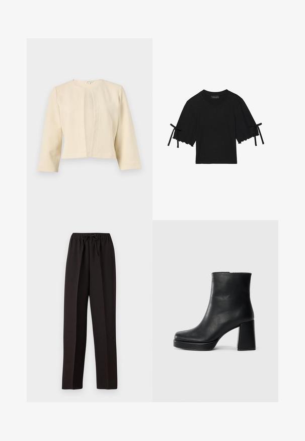 Beige kort jakke med trekvart ermer, med rund halsutringning og frontflater detalj, laget av et teksturert stoff.; Kortsleeve svart bomullstop med volangkant og sløyfebånddetaljer på ermene. Har rund hals og en avslappet passform.; Svarte, vide bukser med elastisk midje og justerbar snor. Laget av et glatt, lett stoff uten synlige mønstre.; Sorte skinnankelsko med blokkhæl og plattformsåle, sett fra siden på en enkel hvit bakgrunn.