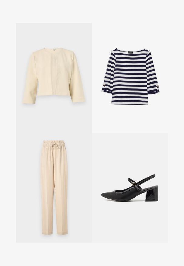Beżowa krótka kurtka z rękawami do trzech czwartych, z okrągłym dekoltem i detalami w postaci fałd z przodu, wykonana z teksturowanej tkaniny.; Granatowa i biała, w paski, bluzka z długim rękawem o dekolcie typu łódka oraz złotymi guzikami na podwiniętych rękawach. Miękka tkanina, luźny krój.; Beżowe, lekkie spodnie z elastycznym pasem, szczegóły ze sznurkiem i prostym krojem nogawki. Gładka tekstura, minimalistyczny styl.; Czarne lakierowane czółenka na słupku ze spiczastym noskiem, lekko zaokrąglonym wycięciem i obcasem w kształcie bloku. Posiadają złotą klamrę jako akcent dekoracyjny.