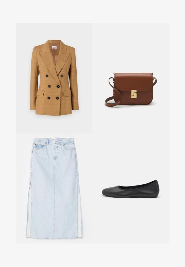 Dvouřadový blazer z látky v hnědé barvě, s klopovým límcem, dvěma předními kapsami a černými knoflíky. Hladká textura, strukturovaný design.; Bílá tričko s krátkým rukávem vyrobené z žebrované tkaniny. Kulatý výstřih, normální střih a jemné detaily šití. Bez vzorů nebo grafik.; Světle modrá denimová maxi sukně se střihém do tvaru A, která má boční rozparky a design s pěti kapsami. Výrazné švy a kovové zapínání na knoflík.; Černé kožené baletní byty s kulatou špičkou, hladkou texturou, minimálními švy a flexibilním designem podrážky.; Hnědá kožená kabelka s klopou, zlatými kovovými detaily, ramenním popruhem a hladkým povrchem. Kompaktní obdélníkový tvar.
