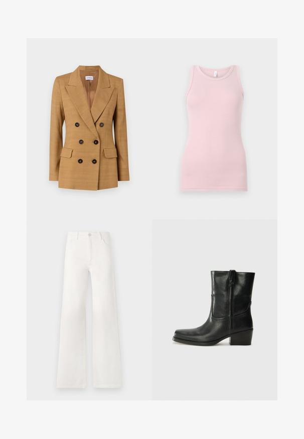 Kétgombos blazer barna szövetből, kigondolt gallérral, két elülső zsebbel és fekete gombokkal. Simító textúra, strukturált dizájn.; Világos rózsaszín ujjatlan felső, puha, rugalmas anyagból készült. Kerek nyakkivágással és keskeny pántokkal rendelkezik, sima textúrával és testhezálló szabással.; Fehér, magas derekú, bő szabású farmernadrág. Gombos záródással, két elülső zsebbel és oldalsó varrásokkal rendelkezik, amelyek varrási részleteket tartalmaznak.; Fekete bőr bokacsizma lekerekített orral, blokk sarkúval, oldalsó cipzárral és varrásos díszítéssel az elején. Simább textúra, klasszikus dizájn.