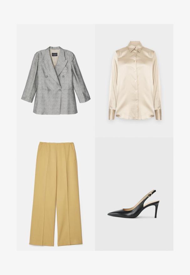 Emporio Armani Blazer - greige; Beige satin shirt with a pointed collar, full-length sleeves, button closure, and cuffs in a slightly glossier finish. No patterns or accents.; Wide-leg trousers in a mustard yellow fabric, featuring front pockets and a smooth texture, with a clean, tailored design.; Black leather slingback high heels with a pointed toe, adjustable strap, and a sleek stiletto heel, featuring a smooth finish.